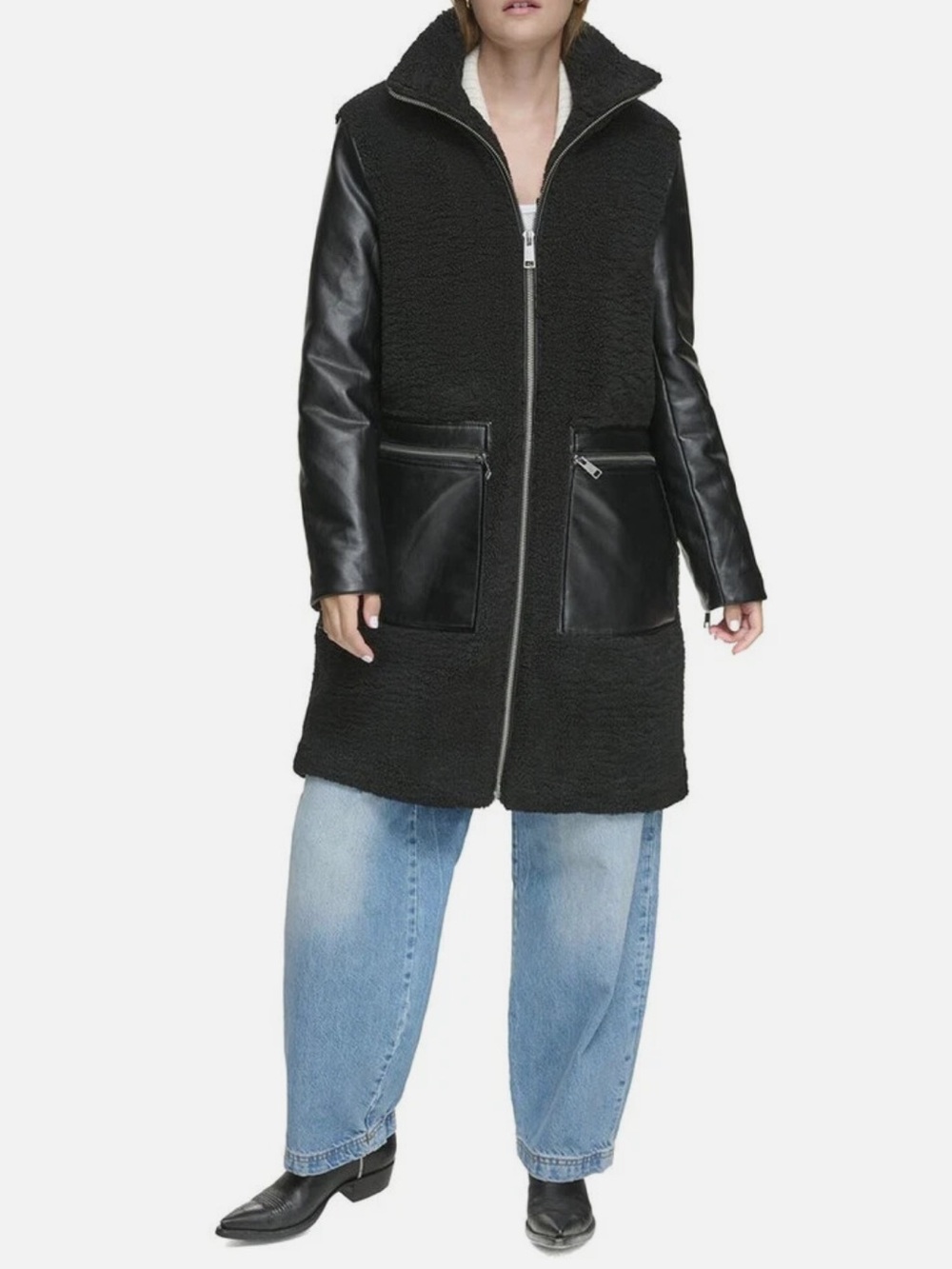 Marc New York / Andrew York Black Faux Shearling Coat with Vegan Leather Sleeves